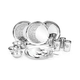 Designer Stainless Steel Delight Laser Bloom Dinner Set Of 16 Pieces, Silver | 4 Dinner Plates+ 4 Glasses+ 4 Bowls+ 4 Dessert Spoons